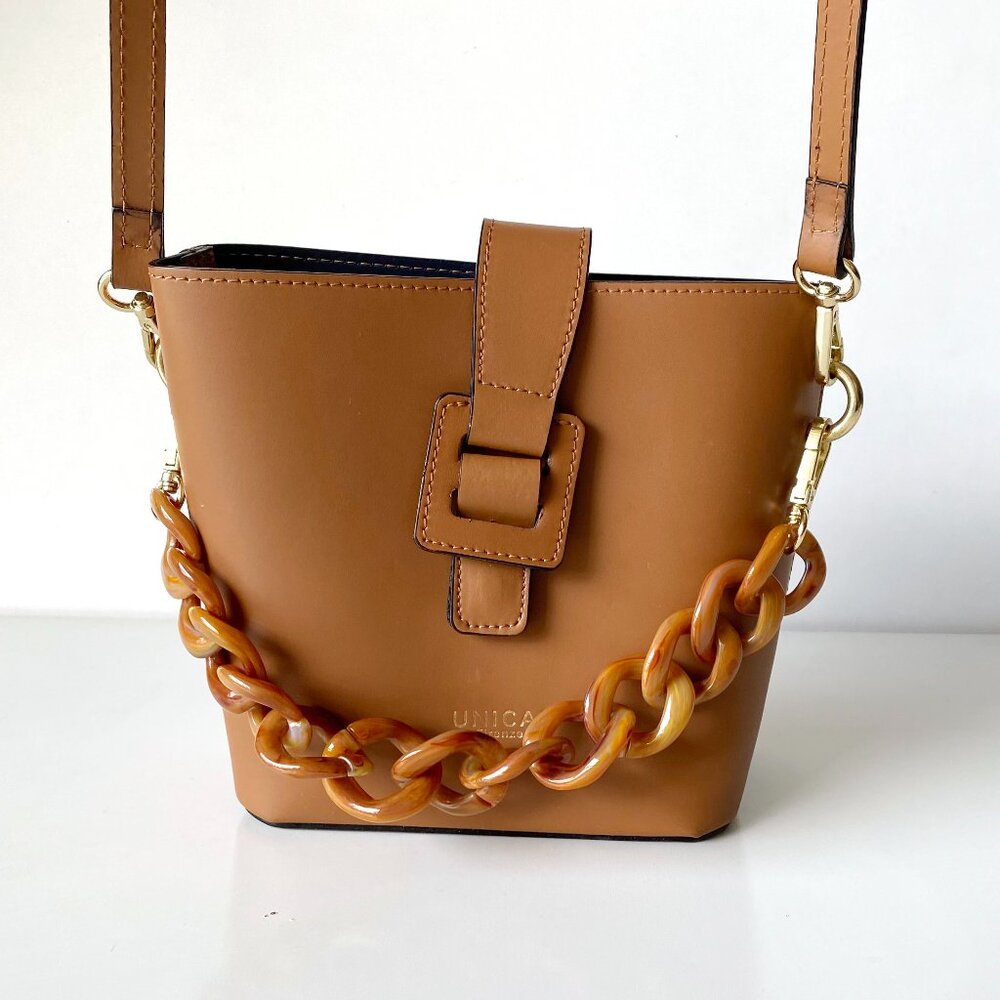 Unica Firenze Made in Italy Crossbody Leather Bag Tan Bucket Resin Chain